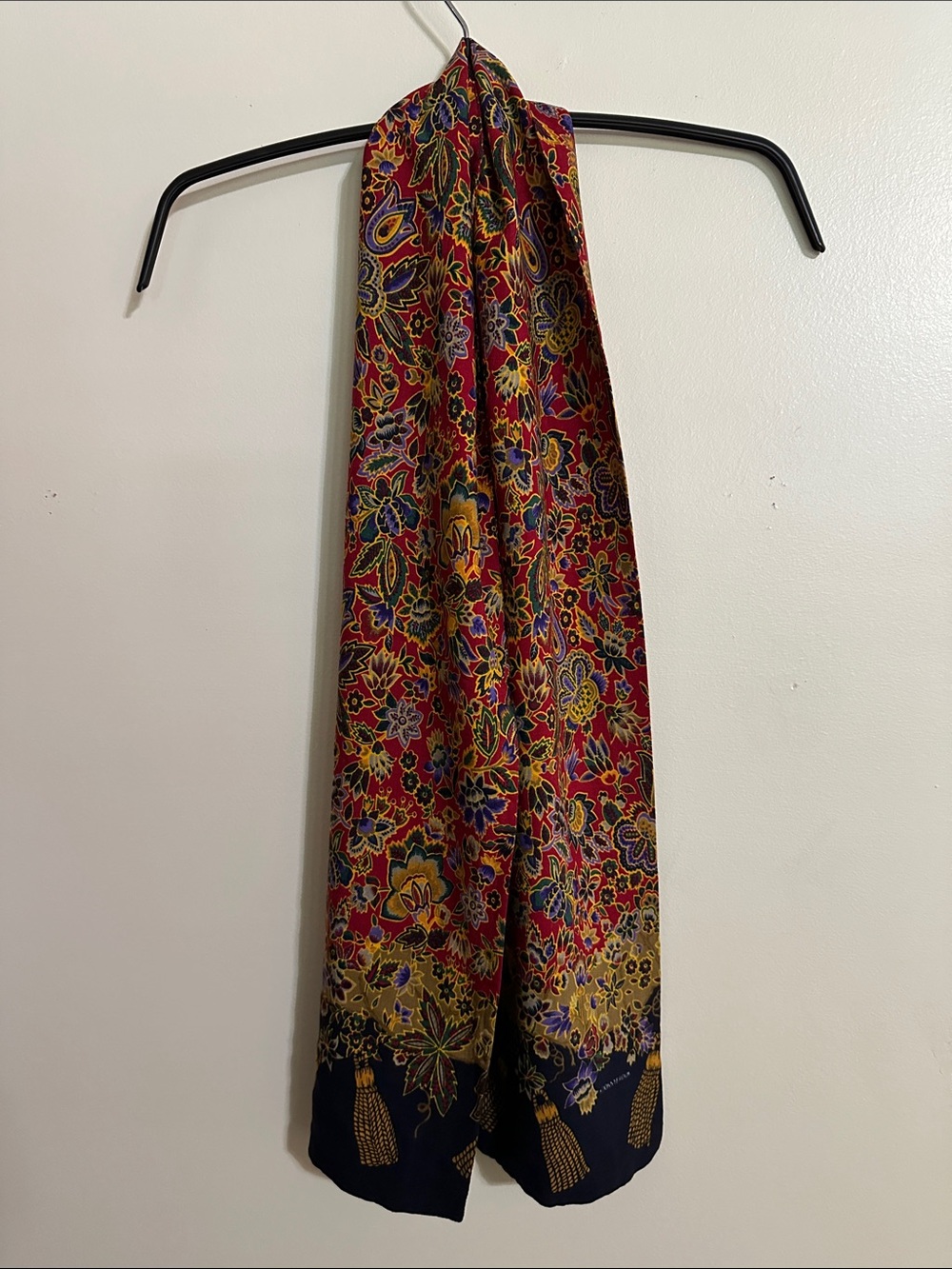 Vintage Donnybrook Floral Tassel Scarf in Navy,  Red, Gold & Purple